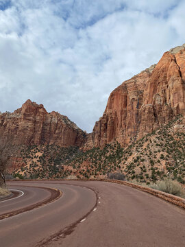 Photo of Pine Creek Canyon in Zion National Park along the Zion Park Blvd and Zion-Mt Carmel Highway located in Springdale, Utah, United States USA .