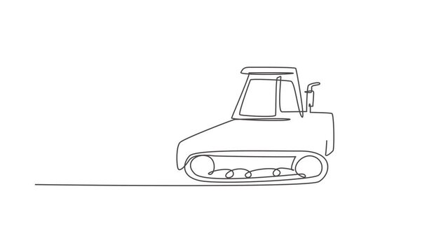 Animated self drawing of continuous line draw bulldozer for road repair, business commercial vehicle. Heavy backhoe construction machines equipment concept. Full length one line animation illustration