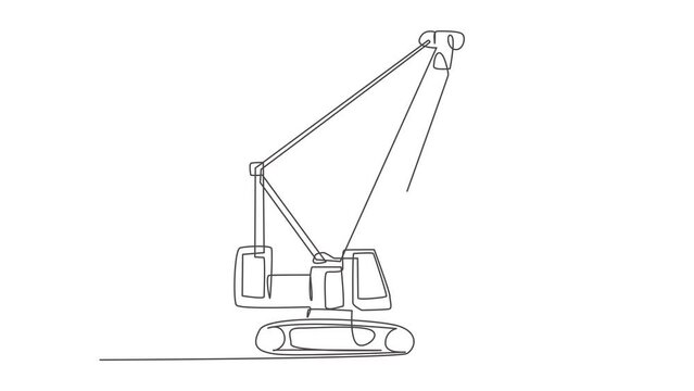 Animated self drawing of one continuous line draw crane truck for building construction, business commercial vehicles. Heavy construction trucks equipment concept. Full length single line animation.