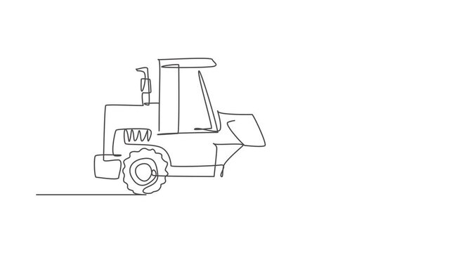 Animated self drawing of one continuous line draw bulldozer for digging soil, commercial vehicle. Heavy backhoe construction trucks equipment concept. Full length single line animation illustration.