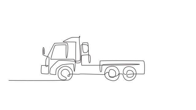 Animation of one single line drawing of truck mixer for mobile mixing cement, commercial vehicle. Heavy machines vehicles construction concept. Continuous line self draw animated. Full length motion.
