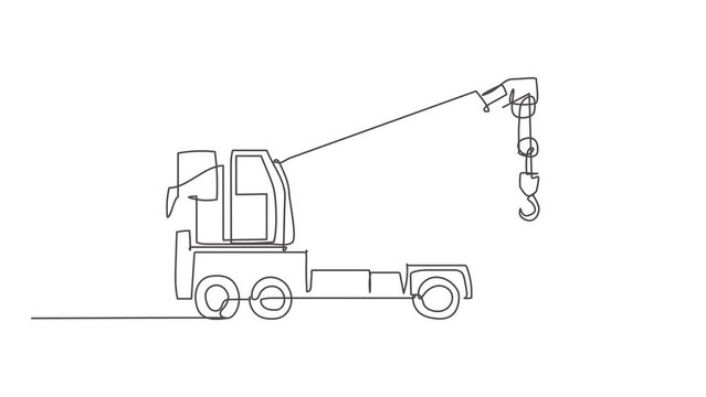 Animated self drawing of continuous line draw crane truck for building construction, business commercial vehicles. Heavy transportation machines equipment concept. Full length one line animation.