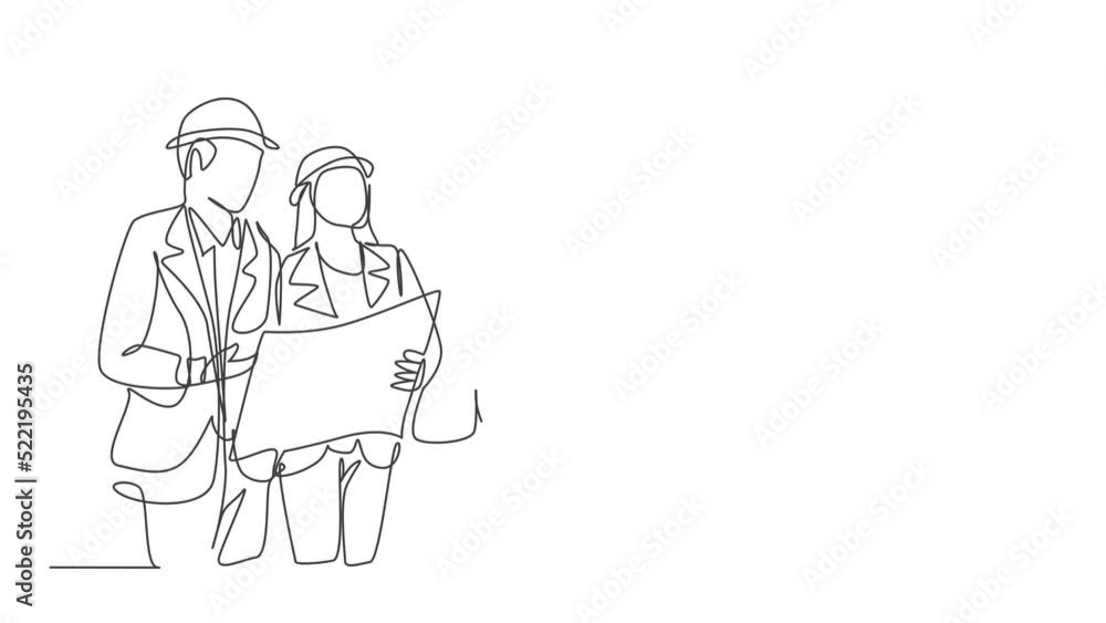 Poster animated self drawing of single continuous line draw young architect discussing construction design 