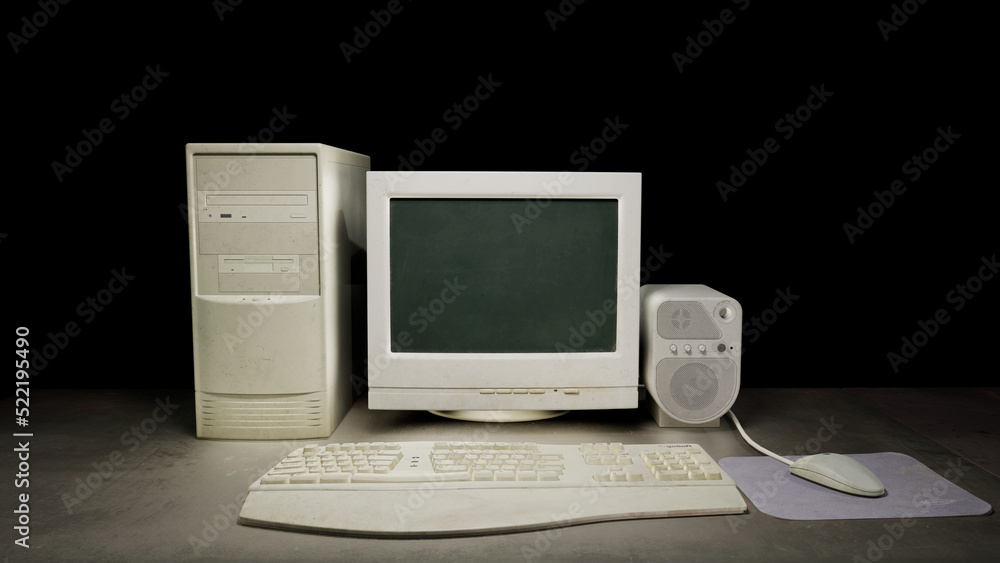 Fototapete Old dirty computer with vintage monitor sitting on a dark table on a black background. With a vintage mouse, mousepad and keyboard. Next to a vintage old audio speaker. 3D rendering