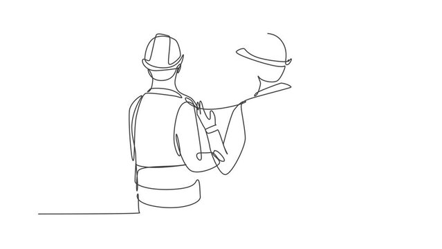 Animated self drawing of single continuous line draw young company manager presenting proposal construction plan to the investor. Building architecture business concept. Full length one line animation