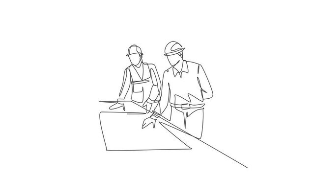 Animated self drawing of one continuous line draw young architects discussing construction design blueprint at office meeting. Building architecture business concept. Full length single line animation