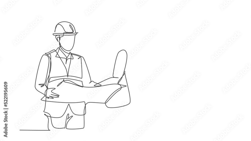 Aufkleber animation of one line drawing of manager listening construction concept presentation from architect.