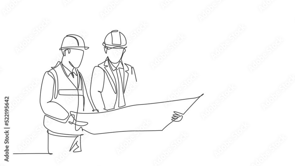 Poster animated self drawing of continuous line draw construction coordinator discussing construction desig