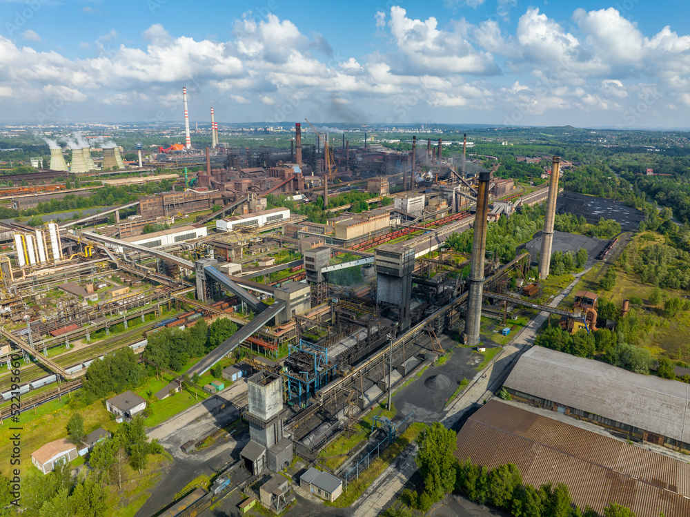 Wall mural industrial metallurgical plant in ostrava (czech republic) industrial zone, coal power plant. aerial