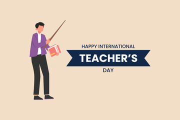 Man using pointer and book for teaching. Happy teacher's day. International teacher's day concept. Vector illustration.