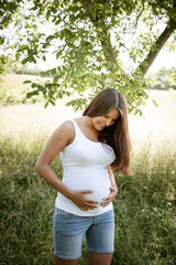 pretty attractive young pregnant woman with white top is standing in high meadow and forming a heart with her hands on her belly out in the nature