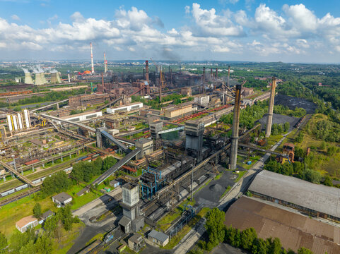Industrial metallurgical plant in Ostrava (Czech Republic) Industrial zone, coal power plant. Aerial view. 