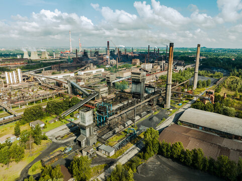 Industrial metallurgical plant in Ostrava (Czech Republic) Industrial zone, coal power plant. Aerial view. 