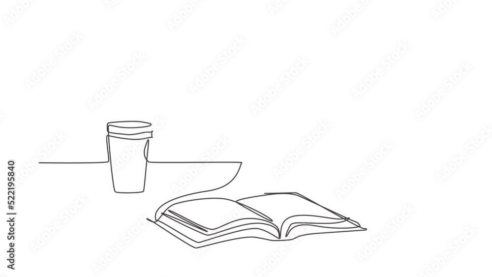 Poster animated self drawing of single continuous line draw computer laptop, paper cup of coffee and open b