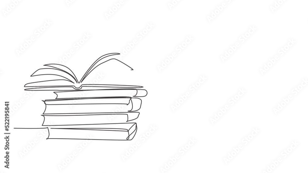 Poster animation of one line drawing of opened page book with cup of hot black espresso coffee at school li
