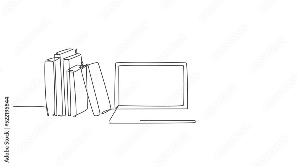 Poster animated self drawing of one continuous line draw stack of books line up with computer laptop, book 