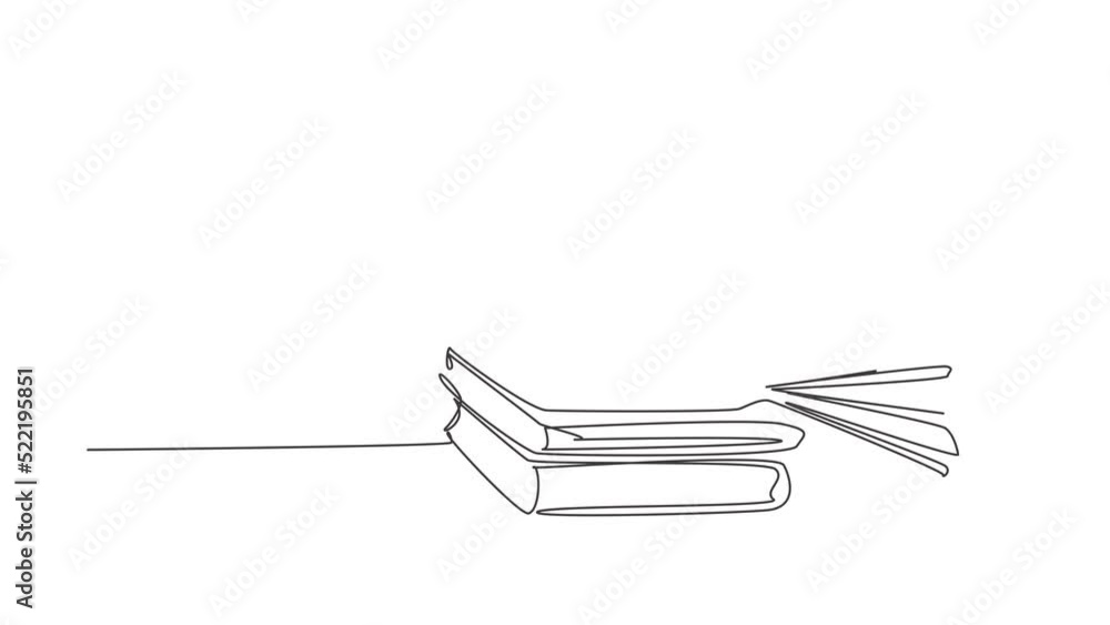Poster animated self drawing of single continuous line draw stack of books with a mug of coffee above on li