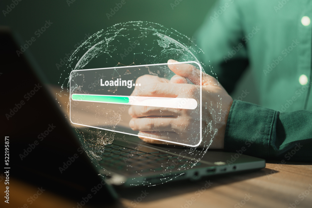 Poster Man using laptop for download and waiting to loading digital business data form website, concept of waiting for load of loading bar.