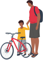 Obraz premium Parenting. Father teaches his son to ride bicycle. First bike, dad with child spend time together standing isolated on white. Man standing holding boys hand, tells about velocipede, active lifestyle