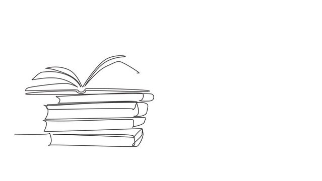 Animation of one line drawing of opened page book with cup of hot black espresso coffee at school library. Book is a window to the world concept. Continuous line self draw animated. Full length motion