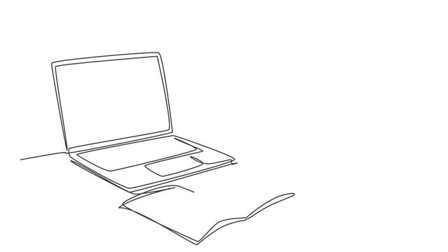 Animation of one single line drawing of computer laptop, smartphone and a cup of coffee and at business office desk. Work space table concept. Continuous line self draw animated. Full length motion.