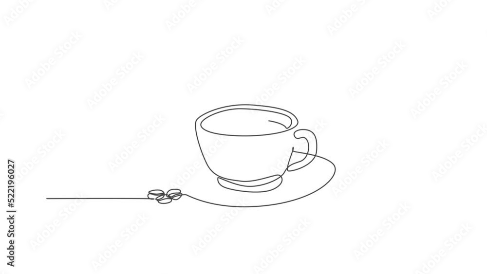 Poster animated self drawing of single continuous line draw a cup of coffee drink with coffee beans on cera