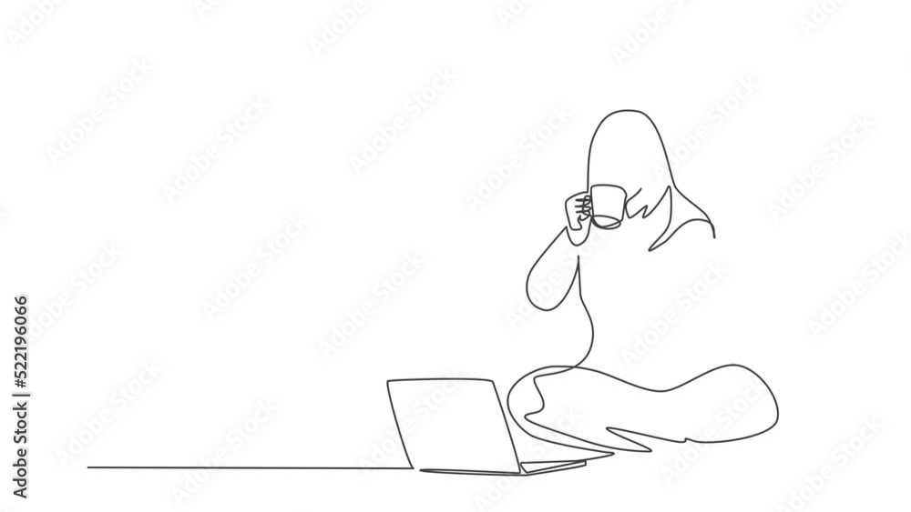 Poster animation of one line drawing of female college student take a rest by drinking cup coffee, studying