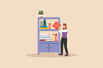 Office girl tidying up important company documents in office cupboard. Cleaning service concept. Colored flat graphic vector illustration isolated.