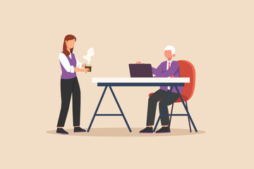 Office girl deliver a cup of coffee for the boss. Cleaning service concept. Colored flat graphic vector illustration isolated.