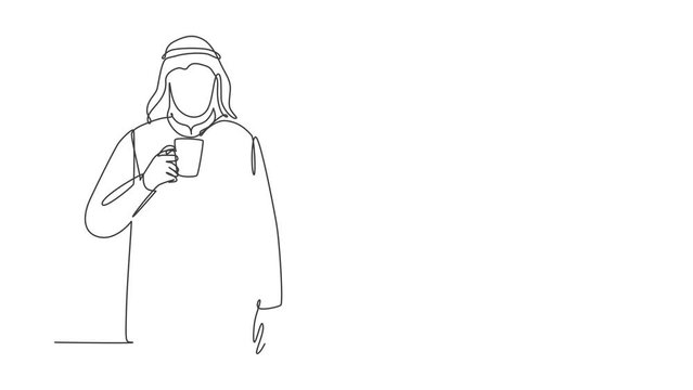Animated self drawing of continuous line draw muslim businessmen holding a cup of coffee while walking on office. Arab middle east cloth shmagh, kandura, thawb, robe. Full length one line animation.
