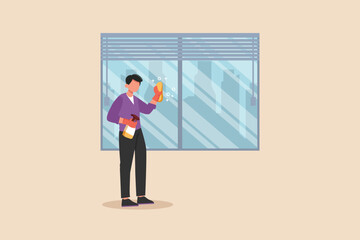 Male janitor cleaning window in office. Cleaning service concept. Colored flat graphic vector illustration isolated.
