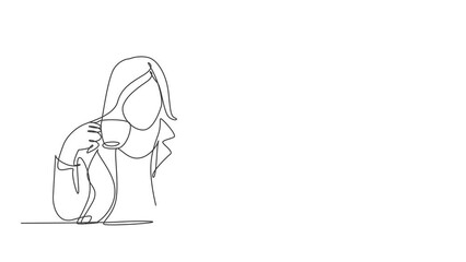 Animation of one line drawing of businesswoman writing a business idea draft while holding a cup coffee drink at office. Drinking tea concept continuous line self draw animated. Full length motion.