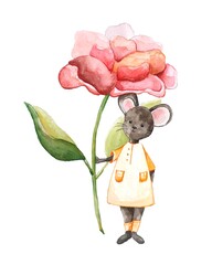 scanned watercolor illustration of a mouse and a flower.