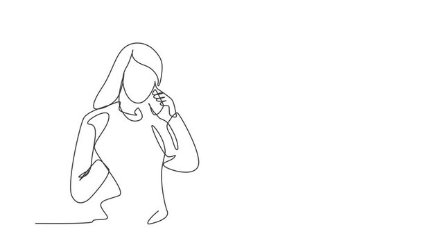 Animation of one line drawing of young female office employee calling her work partner while holding a cup of coffee drink. Drinking tea concept continuous line self draw animated. Full length motion.