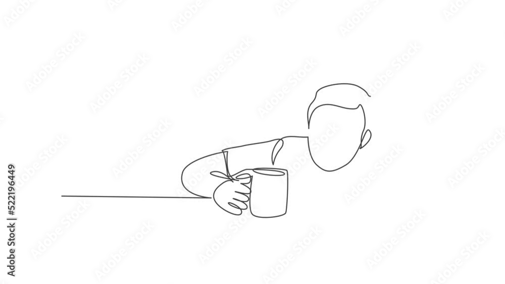 Poster animation of one line drawing of desperate worker staring blankly to a mug of coffee while order dri