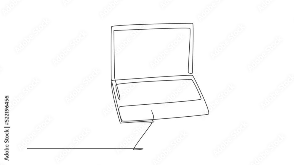 Poster animated self drawing of continuous line draw happy worker typing on laptop keyboard to do online sh