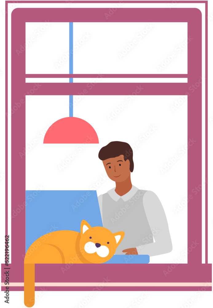 Poster guy with computer sitting at table at home or at office workplace, view from opened window with cat 