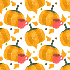 Autumn seamless pattern. Wrapping paper pattern, fabric pattern. Background for decoration. Hand drawn vector. Color pencil effect.
