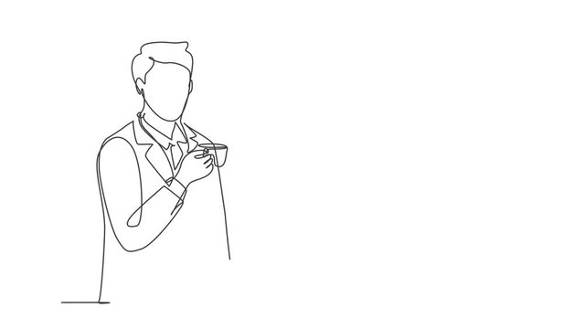 Animated self drawing of continuous line draw happy businessman standing while holding a cup of good taste hot black dark coffee at office break. Drinking tea concept full length one line animation.