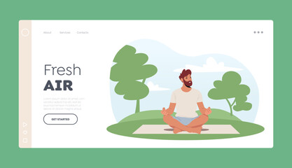 Naklejka premium Yoga in Park Landing Page Template. Male Character Sitting on Mat in Lotus Asana Engage Meditation on Nature Landscape