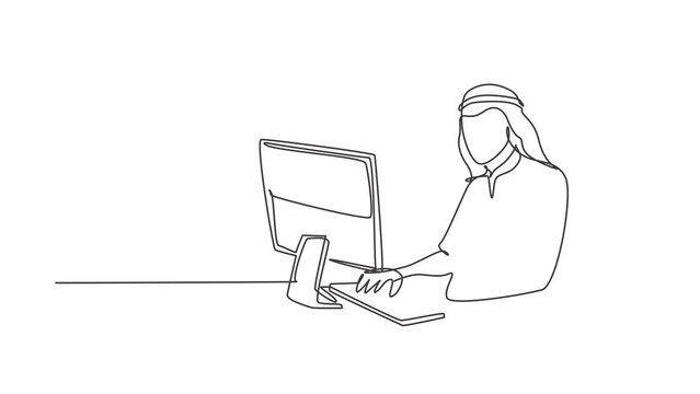 Animated self drawing of continuous line draw male muslim worker typing a business documents on office computer. Arab middle east cloth shmagh, kandura, thawb, robe. Full length one line animation.