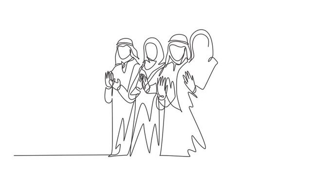 Animated self drawing of continuous line draw male and female muslim business comunity clapping hands after presentation. Islamic clothing kandura, hijab, keffiyeh. Full length single line animation.