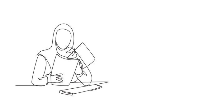 Animated self drawing of continuous line draw young female muslim businesswoman prepare documents for presentation to investors. Arab middle east cloth hijab and veil. Full length one line animation.