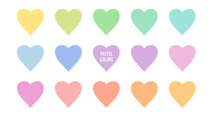 Set, collection of cute kawaii pastel colors heart icons. Symbol of love, like, appreciation.