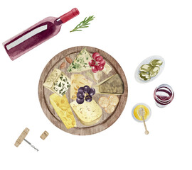 Watercolor cheese board for logo. Gourmet composition natural cheese. Cheese assortment with nuts, wine, honey. Italian, dutch, french or swiss cuisine with cheese plate composition.