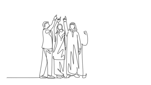 Animated Self Drawing Of Continuous Line Draw Young Male And Female Muslim Managers Pointing Finger Up To The Sky. Arab Middle East Cloth Shmagh, Kandura, Hijab, Robe. Full Length One Line Animation.