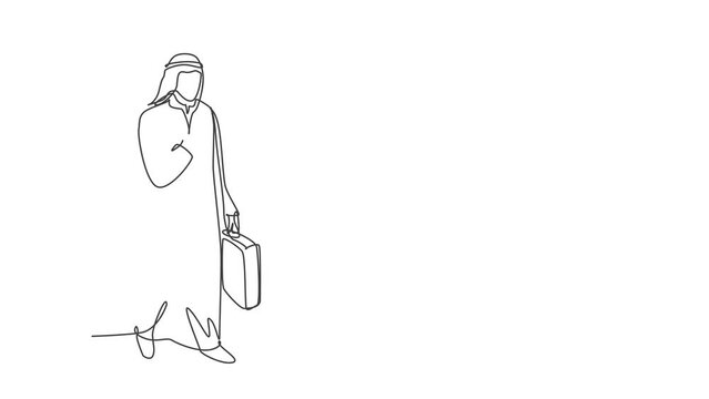 Animated self drawing of continuous line draw male muslim worker watching smartphone screen to monitor the job. Arab middle east cloth shmagh, kandura, thawb, robe. Full length one line animation.
