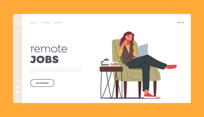 Remote Jobs Landing Page Template. Freelance Work Distant. Woman Freelancer Sitting in Comfortable Armchair with Coffee