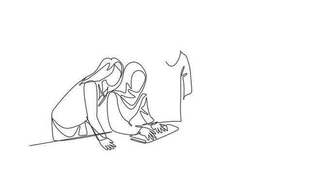 Animation of one line drawing of employees discussing business proposal with colleagues. Saudi Arabia cloth kandora, headscarf, thobe hijab. Continuous line self draw animated. Full length motion.