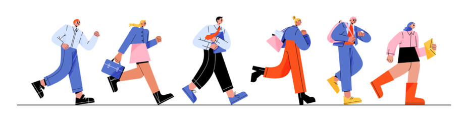 Business people run, late in office, anxious men and women hurry at work due to oversleep or traffic jam. Characters with bags and documents, stress work situation Line art flat vector illustration